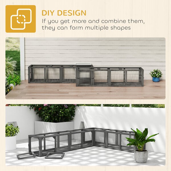 PawHut Outdoor Cat Tunnel, Wooden Play Cat Enclosure, Extendable Pet Run with 3 Doors, for Indoor and Outdoor Use, Grey