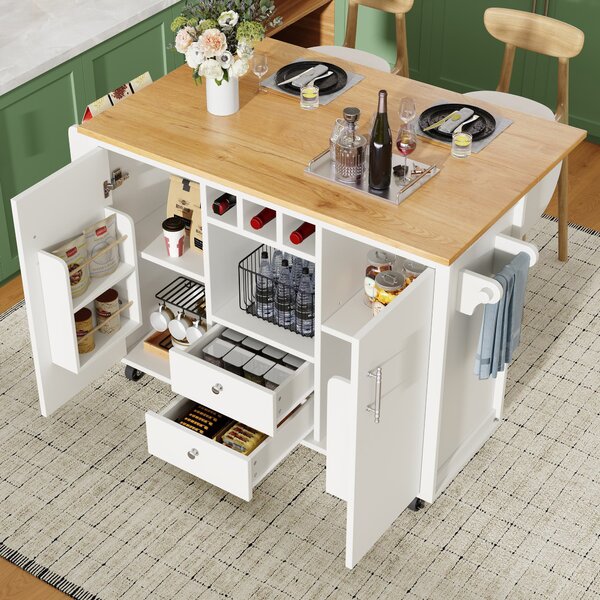 Kitchen Island with Adjustable Shelves, Folding Worktop, Wine Rack, Utility Cart with Towel and Spice Racks, 138L x 73W x 92H cm, White Aosom UK