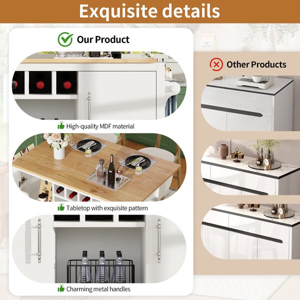 Kitchen Island with Adjustable Shelves, Folding Worktop, Wine Rack, Utility Cart with Towel and Spice Racks, 138L x 73W x 92H cm, White Aosom UK