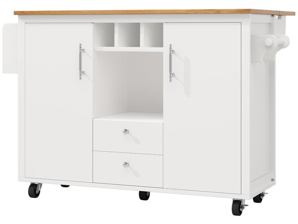 Kitchen Island with Adjustable Shelves, Folding Worktop, Wine Rack, Utility Cart with Towel and Spice Racks, 138L x 73W x 92H cm, White Aosom UK