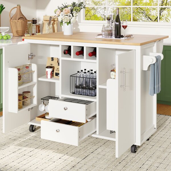 Kitchen Island with Adjustable Shelves, Folding Worktop, Wine Rack, Utility Cart with Towel and Spice Racks, 138L x 73W x 92H cm, White Aosom UK