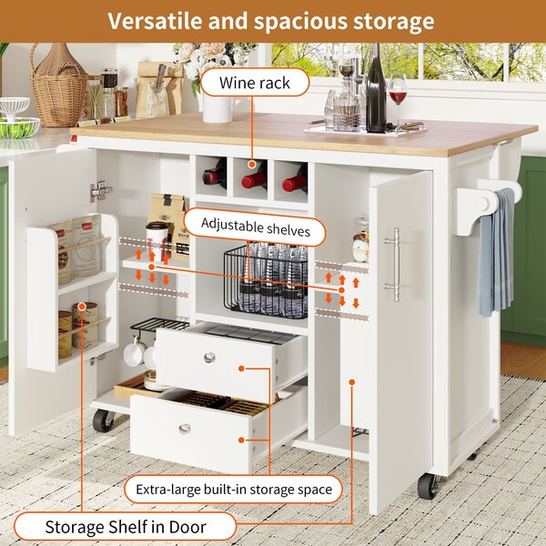 Kitchen Island with Adjustable Shelves, Folding Worktop, Wine Rack, Utility Cart with Towel and Spice Racks, 138L x 73W x 92H cm, White Aosom UK