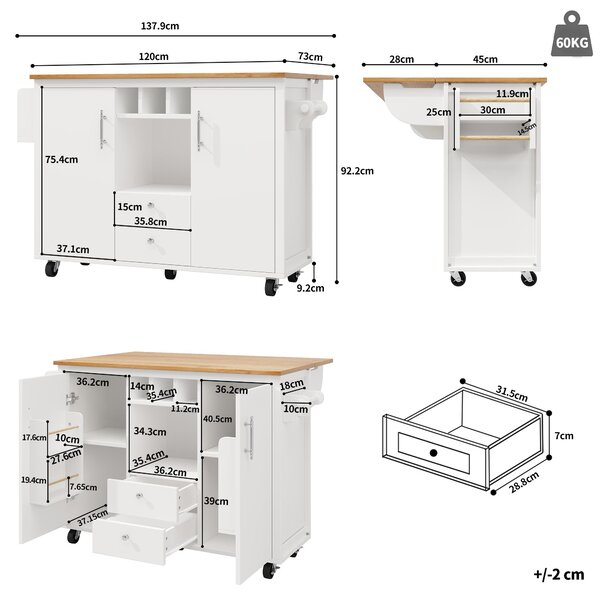 Kitchen Island with Adjustable Shelves, Folding Worktop, Wine Rack, Utility Cart with Towel and Spice Racks, 138L x 73W x 92H cm, White Aosom UK