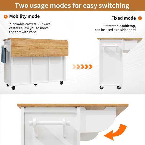 Kitchen Island with Adjustable Shelves, Folding Worktop, Wine Rack, Utility Cart with Towel and Spice Racks, 138L x 73W x 92H cm, White Aosom UK