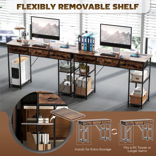 HOMCOM 120cm Computer Desk with Power Outlets, Office Desk Study Table with Fabric Drawers and Storage Shelves, Rustic Brown