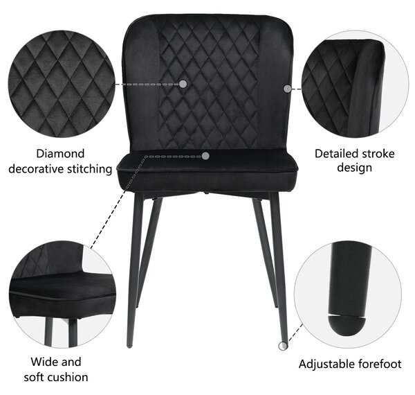 Set of 2 Modern Velvet Black Dining Chairs with 4 Metal Legs, Lounge Chair with Backrest for Dining Room, Living Room, 47x43x86 cm, Black Aosom.UK