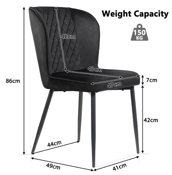 Set of 2 Modern Velvet Black Dining Chairs with 4 Metal Legs, Lounge Chair with Backrest for Dining Room, Living Room, 47x43x86 cm, Black Aosom.UK