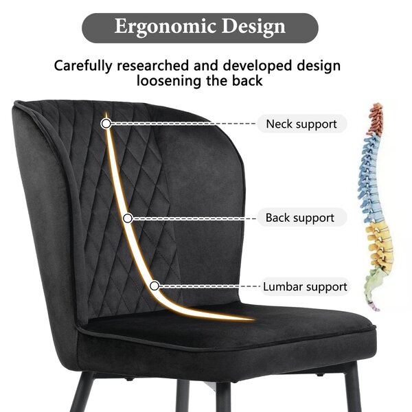 Set of 2 Modern Velvet Black Dining Chairs with 4 Metal Legs, Lounge Chair with Backrest for Dining Room, Living Room, 47x43x86 cm, Black Aosom.UK