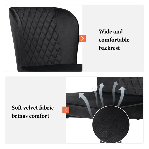 Set of 2 Modern Velvet Black Dining Chairs with 4 Metal Legs, Lounge Chair with Backrest for Dining Room, Living Room, 47x43x86 cm, Black Aosom.UK