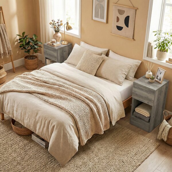 HOMCOM Set of Two Modern Storage Bedside Tables - Grey