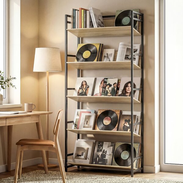 HOMCOM Bookshelf 5-Tier Metal Frame Room Divider Bookcase Storage Shelves for Living Room Oak