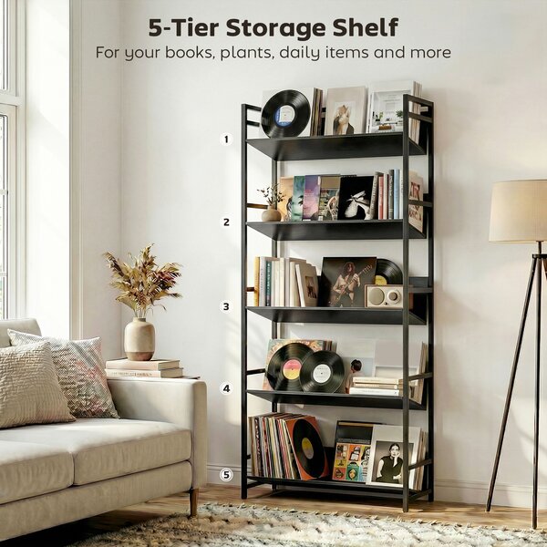 HOMCOM Bookshelf 5-Tier Metal Frame Room Divider Bookcase Storage Shelves for Living Room Black