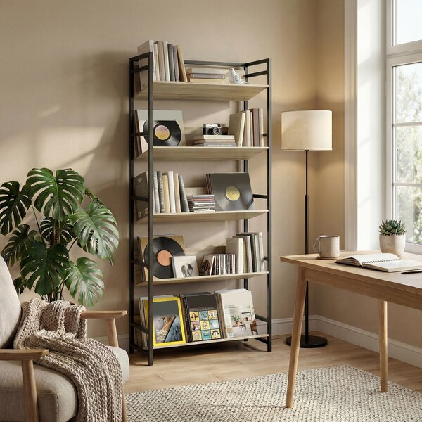 HOMCOM Bookshelf 5-Tier Metal Frame Room Divider Bookcase Storage Shelves for Living Room Oak