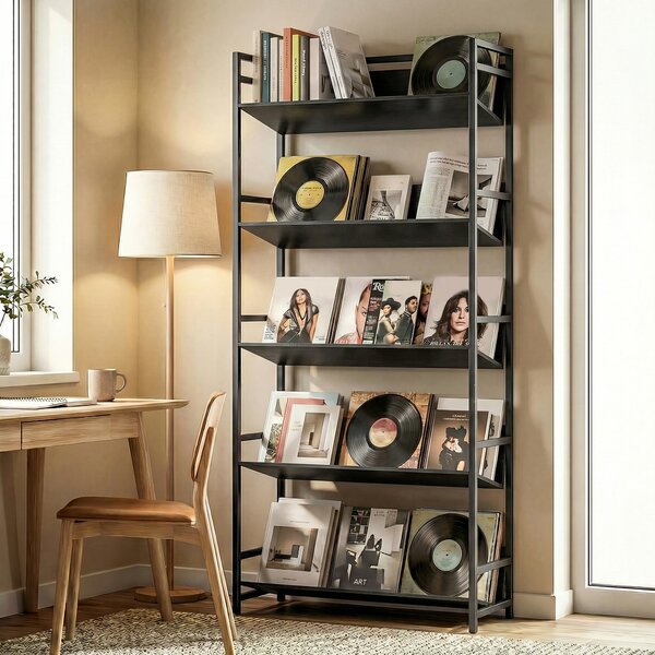 HOMCOM Bookshelf 5-Tier Metal Frame Room Divider Bookcase Storage Shelves for Living Room Black