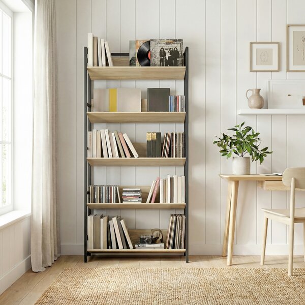 HOMCOM Bookshelf 5-Tier Metal Frame Room Divider Bookcase Storage Shelves for Living Room Oak