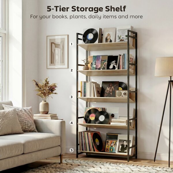 HOMCOM Bookshelf 5-Tier Metal Frame Room Divider Bookcase Storage Shelves for Living Room Oak