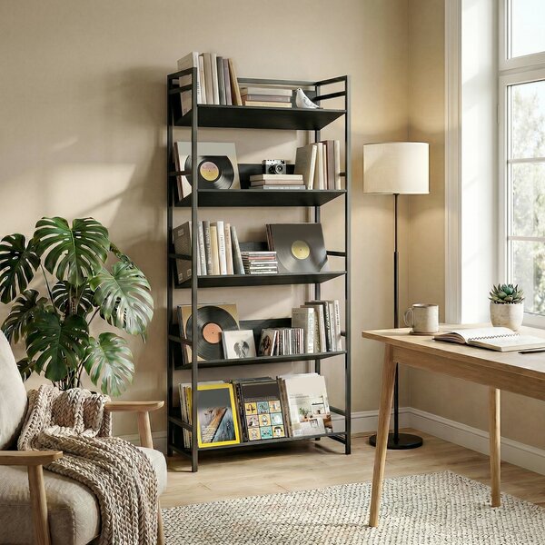 HOMCOM Bookshelf 5-Tier Metal Frame Room Divider Bookcase Storage Shelves for Living Room Black