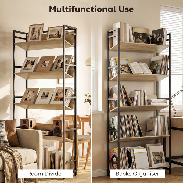 HOMCOM Bookshelf 5-Tier Metal Frame Room Divider Bookcase Storage Shelves for Living Room Oak