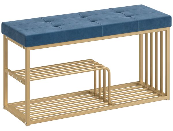 HOMCOM Bench and Shoe Storage, Tufted Shoe Storage Bench with Velvet Seat Cushion Gold Steel Frame for Entryway, Dark Blue
