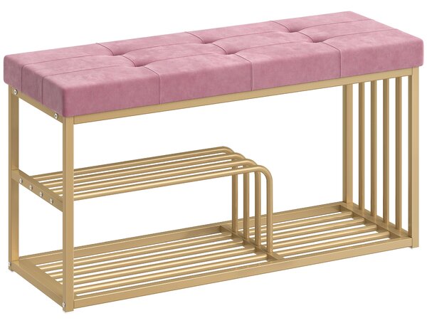 HOMCOM Bench and Shoe Storage, Tufted Shoe Storage Bench with Velvet Seat Cushion Gold Steel Frame for Entryway, Pink