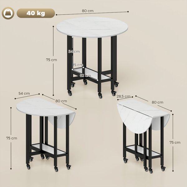 HOMCOM Folding Dining Table, Drop Leaf Table with Open Shelf, Rolling Kitchen Table for Dining Room, Small Spaces, White Marble
