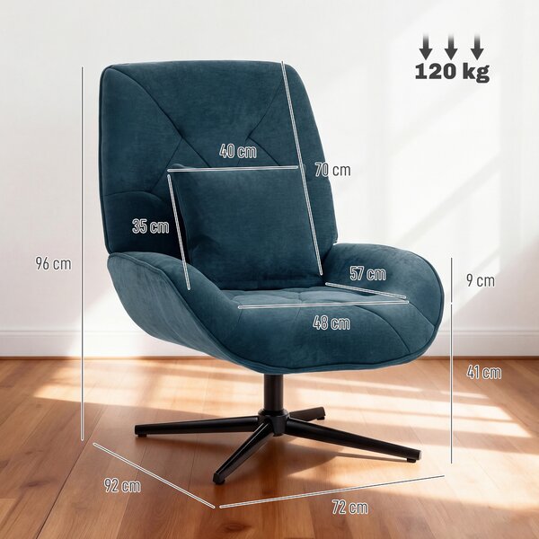 HOMCOM Accent Chair, Chenille Upholstered Swivel Armchair with Lumbar Pillow, High Back, Deep Seat and Metal Legs, Dark Green