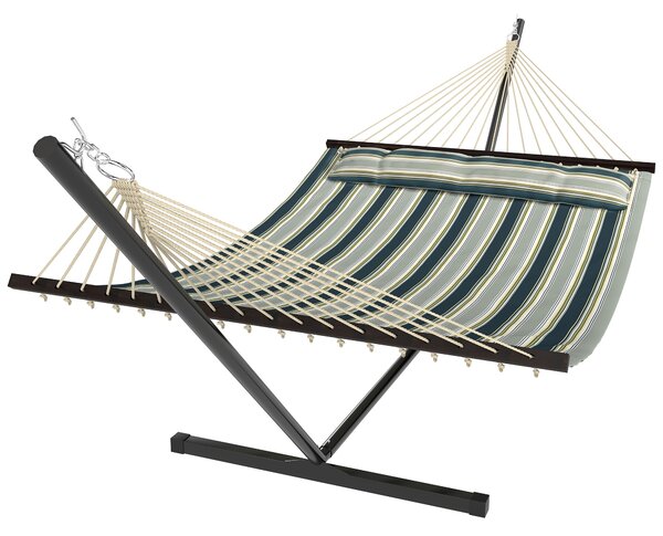 Outsunny Outdoor Hammock with Stand Detachable Pillow Striped Swing Steel Frame, for Garden, Patio, Green