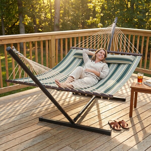 Outsunny Outdoor Hammock with Stand Detachable Pillow Striped Swing Steel Frame, for Garden, Patio, Green