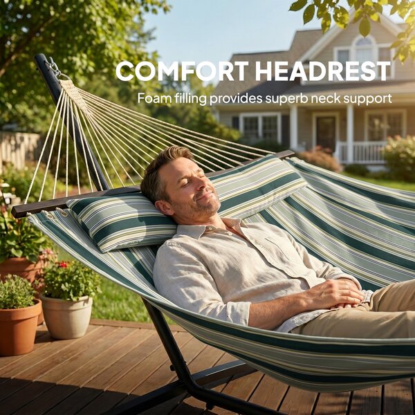 Outsunny Outdoor Hammock with Stand Detachable Pillow Striped Swing Steel Frame, for Garden, Patio, Green