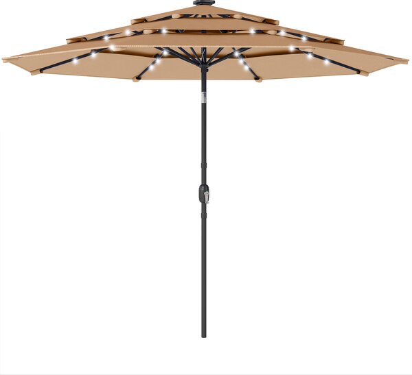 Outsunny 2.8 m Garden Parasol Umbrella with LED Solar Light, Parasol Cover, 3 Tier Outdoor Table Market Patio Umbrella, Khaki