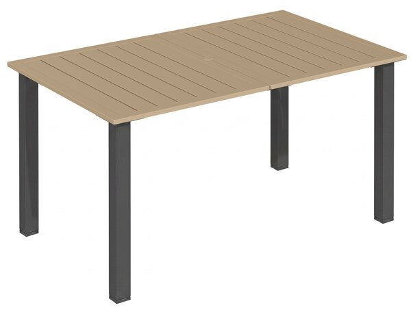 Outsunny Garden Dining Table for 6 with Parasol Hole, Rectangle Outdoor Garden Table with Slatted Metal Top, Steel Frame, Brown