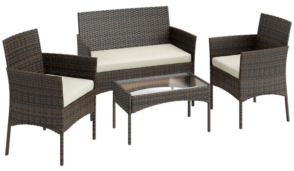 Outsunny 4 Piece Rattan Garden Furniture Sofa Set with Loveseat, Armchairs, Glass-Top Coffee Table and Cushions, Brown