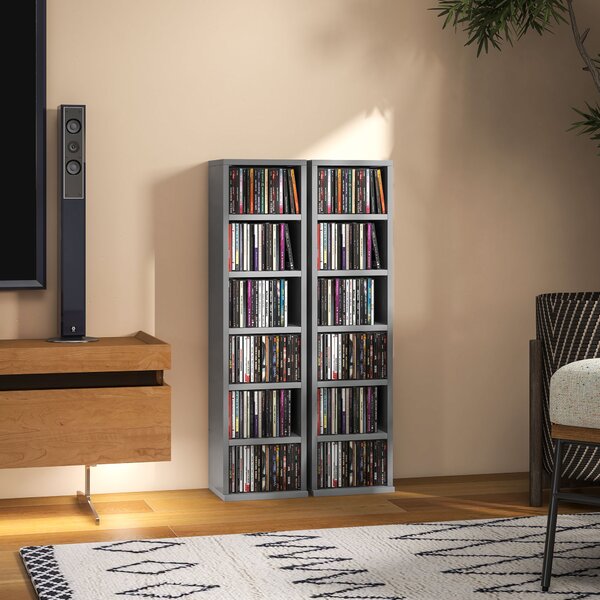 HOMCOM Set of 2 CD Media Display Shelf Unit Tower Rack with Adjustable Shelves, High Gloss Grey