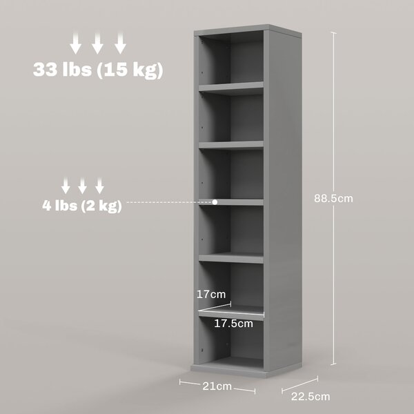 HOMCOM Set of 2 CD Media Display Shelf Unit Tower Rack with Adjustable Shelves, High Gloss Grey