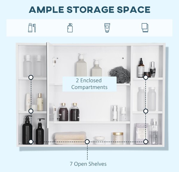 Kleankin Wall Mounted Medicine Cabinet, Bathroom Mirror Cabinet with Mirrored Door, Shelves and Storage Cupboard, White