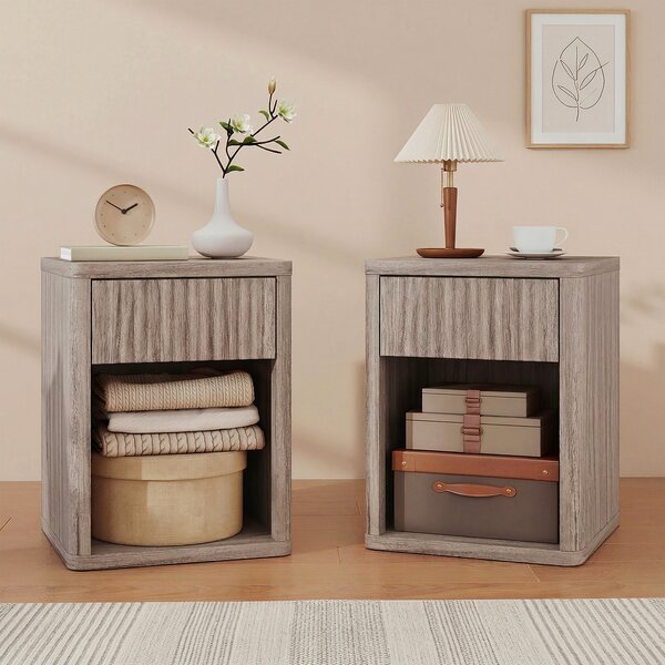 HOMCOM Modern Bedside Table Set of 2, Bedside Cabinet with Drawer and Open Shelf, Side End Table, Nightstand for Bedroom, Oak