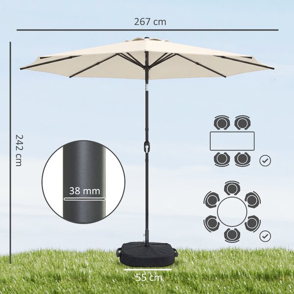Outsunny 2.7 m Garden Parasol Umbrella with Cross Base and Sandbag, Retractable Ribs, Outdoor Table Market Umbrella, Cream White