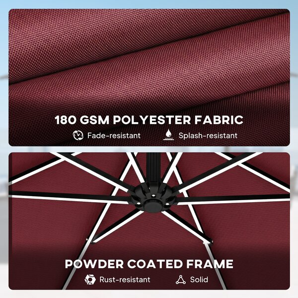 Outsunny 3 m Garden Cantilever Parasol with LED Solar Light, Round Overhanging Umbrella with 360° Rotation, Cover, Wine Red