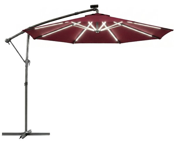 Outsunny 3 m Garden Cantilever Parasol with LED Solar Light, Round Overhanging Umbrella with 360° Rotation, Cover, Wine Red