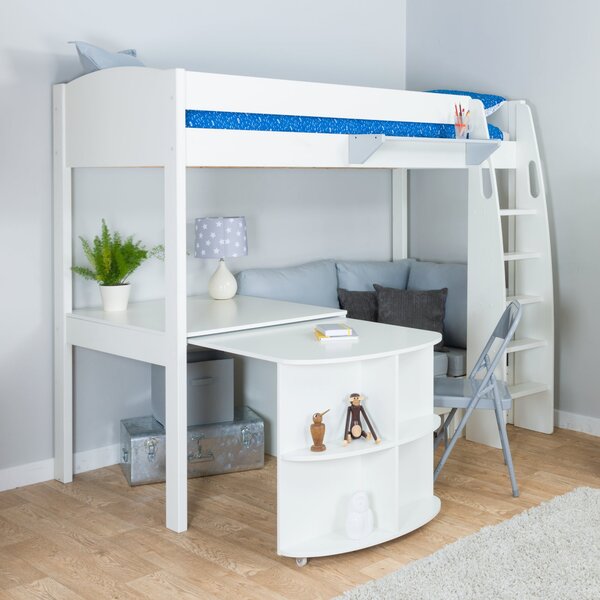 Stompa Uno High Sleeper with Corner Sofa and Pull Out Desk, Pine White