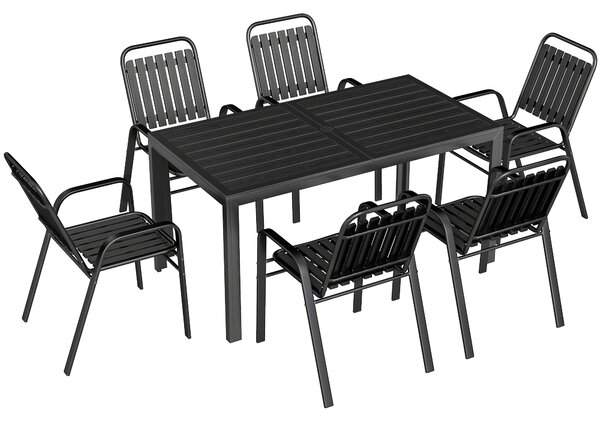 Outsunny 7 Pieces Outdoor Dining Set with Umbrella Hole, Garden Table and Chairs Set for 6 with Metal Table and Stackable Chairs