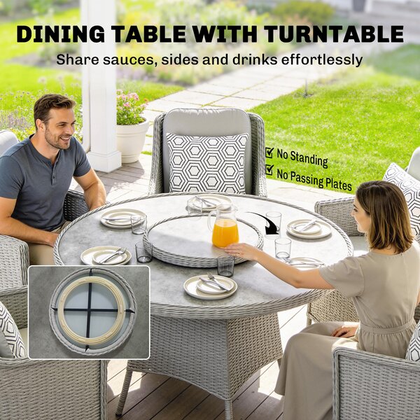 Outsunny Rattan Dining Set with Marble Effect Glass Table Rattan Table and Chairs with 52cm Turntable and High Density Cushions, Grey Asosom UK