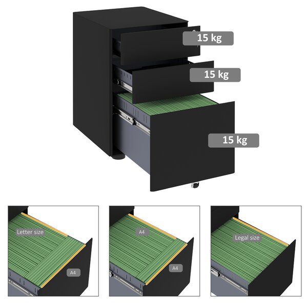 Vinsetto Filing Cabinet, 3-Drawer Small File Cabinet with Lock, for Letter/Legal/A4, Steel Office Storage with Wheels, Black Aosom UK