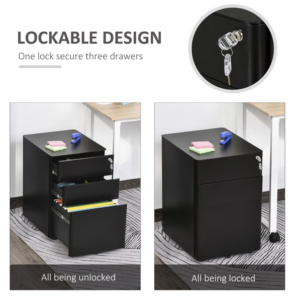 Vinsetto Filing Cabinet, 3-Drawer Small File Cabinet with Lock, for Letter/Legal/A4, Steel Office Storage with Wheels, Black Aosom UK