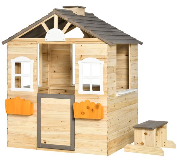 Outsunny Wooden Kids Playhouse, Outdoor Garden Games Cottage, with Working Door, Windows, Bench, Service Station, Flowers Pot Holder, for 3-7 Years Old