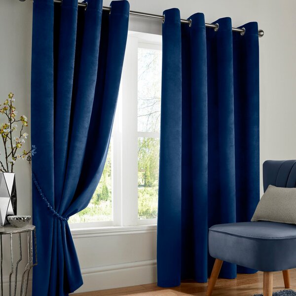 Velvet Triple Woven Ready Made Eyelet Blackout Curtains Navy