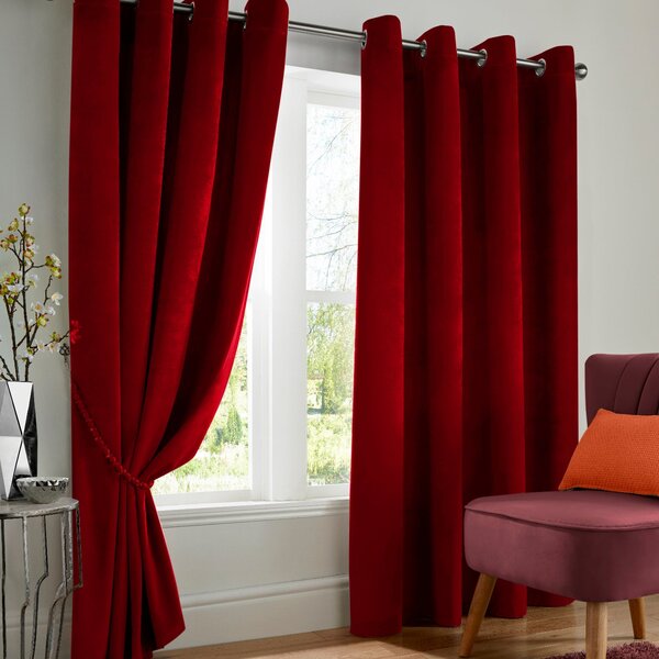 Velvet Triple Woven Ready Made Eyelet Blackout Curtains Red