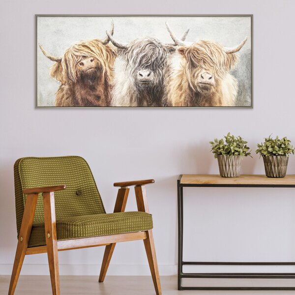 Cedar & Sage Three of a Kind Highland Cow Framed Canvas Brown