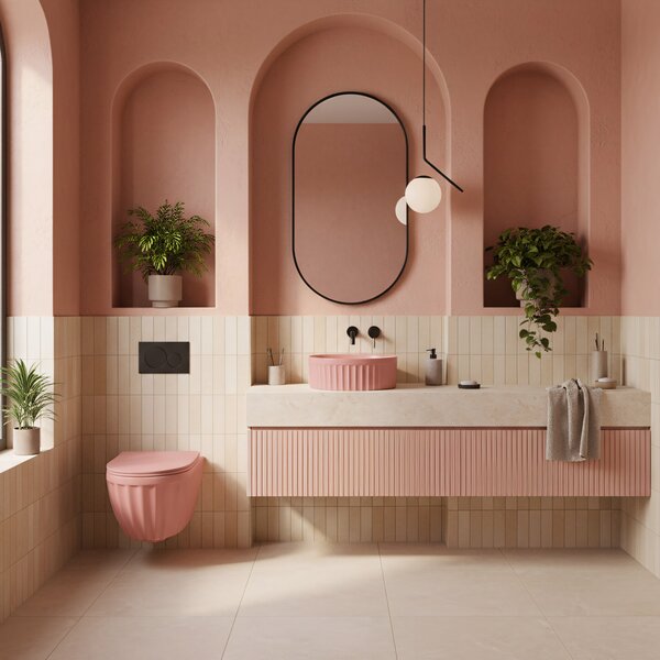 Set: Wall-hung toilet bowl + Countertop washbasin Rea Duo Sweet Pink Matt