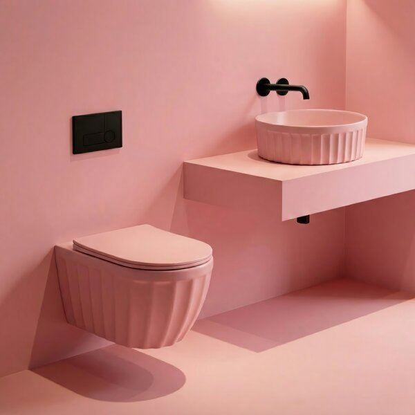 Set: Wall-hung toilet bowl + Countertop washbasin Rea Duo Sweet Pink Matt
